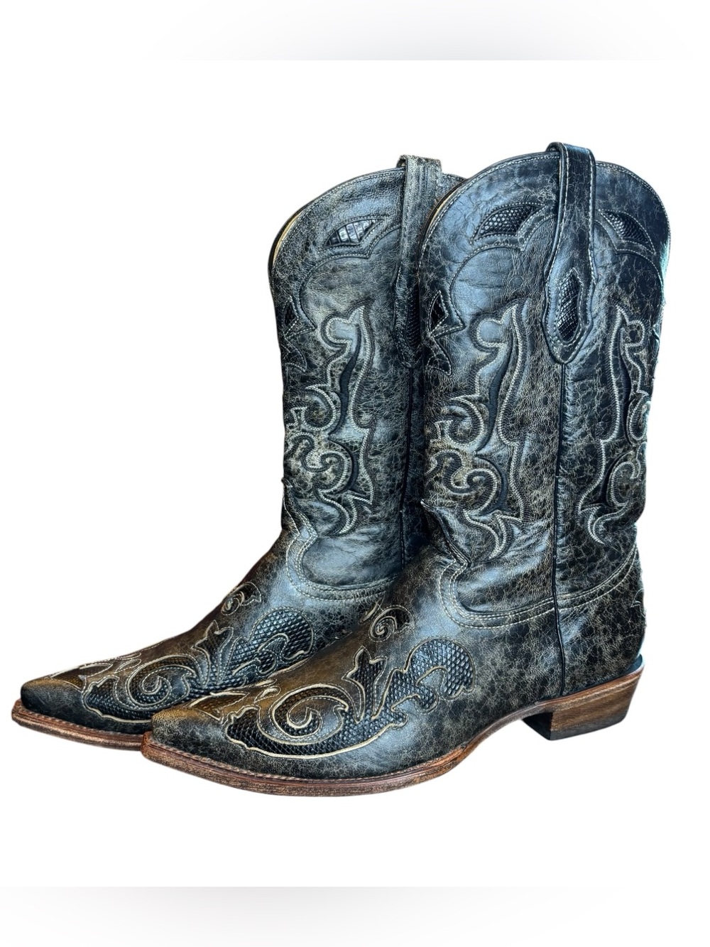 Corral Vintage Mens Cowboy Boots 10.5D Black Leather Lizard Inlay Exotic Western